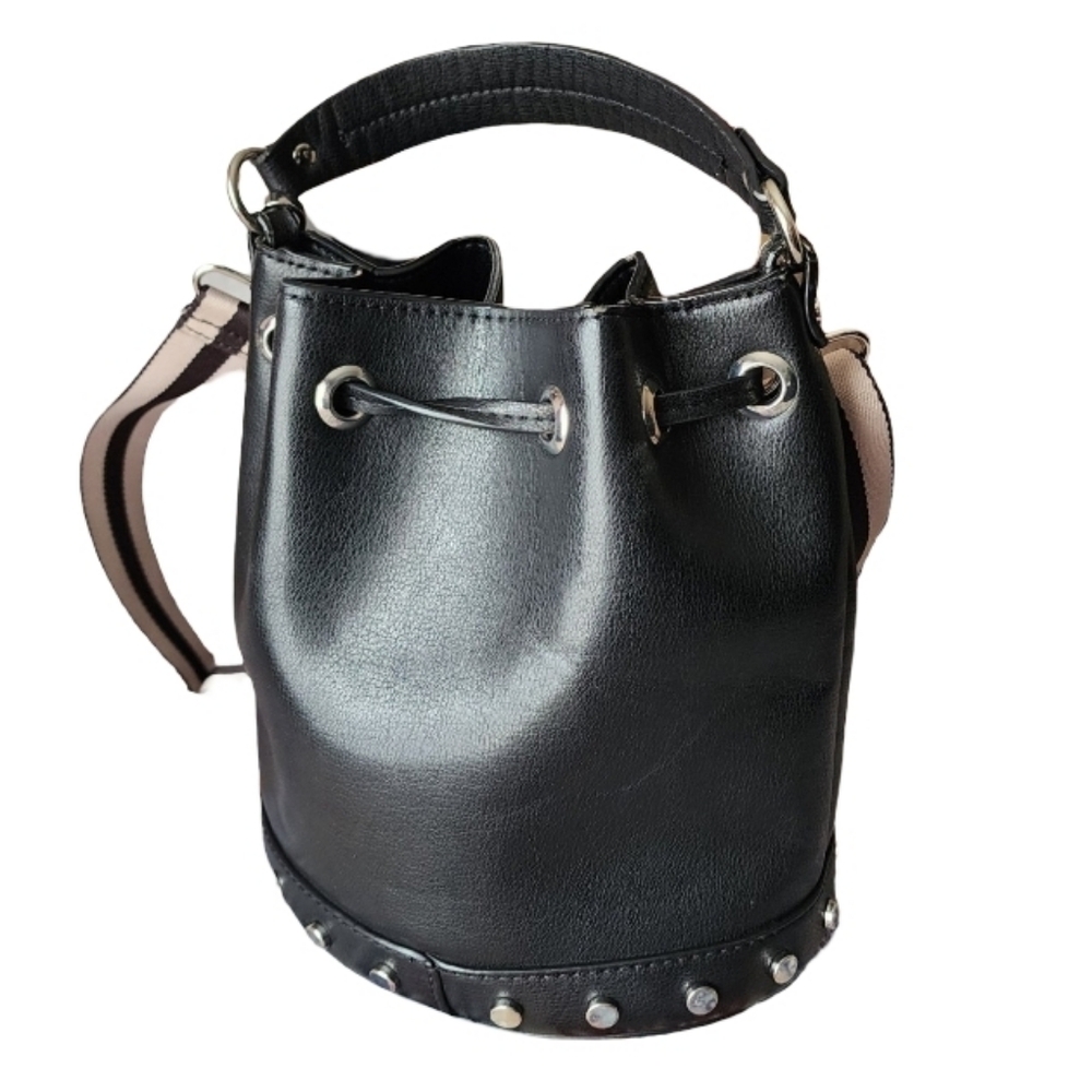 ZARA Black Faux Leather Bucket Bag Studded Base w/ Stripe Crossbody Strap - Picture 2 of 9